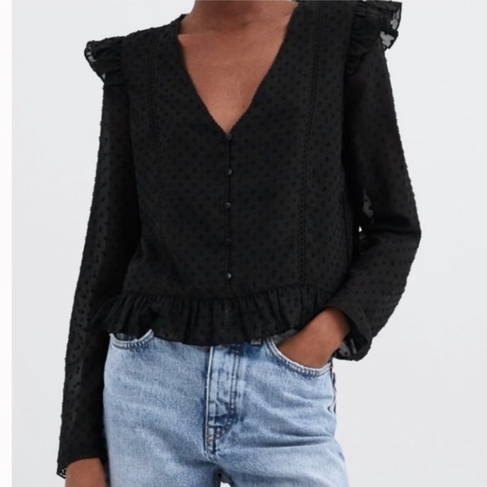 Zara Black Swiss Dot Ruffle Blouse‎ V-Neck Lace Trim Button Front Top Large Boho